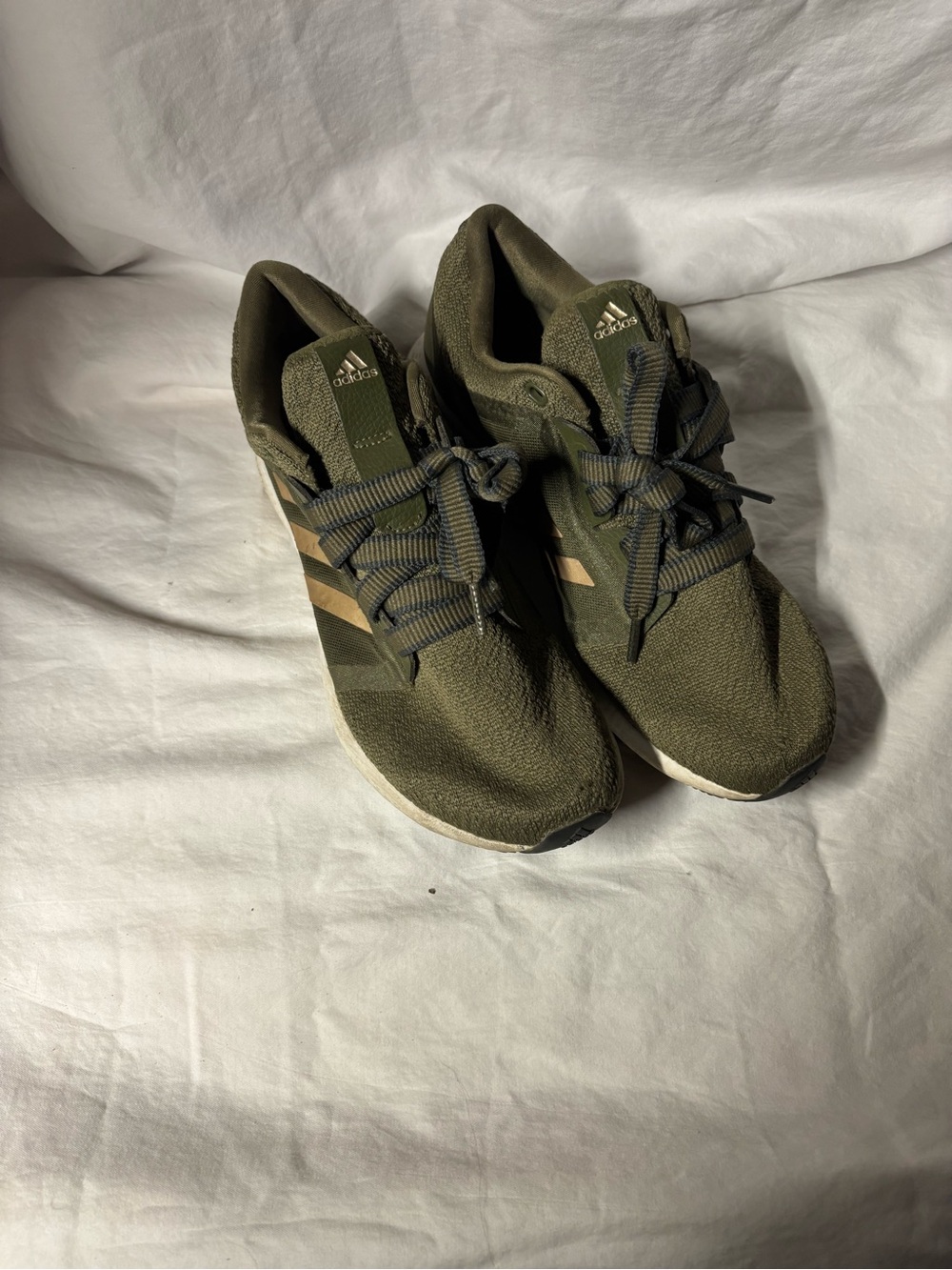 adidas Olive Green Knit women’s Running Shoes with Tan Stripes
